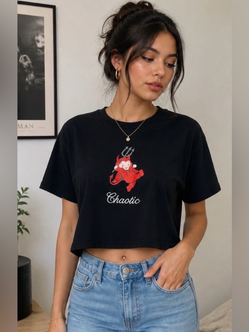 Kewpie Women’s Black Chaotic Little Devil Cropped T-Shirt, Size Small